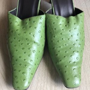Moss Green colored Ostrich mules in size 9